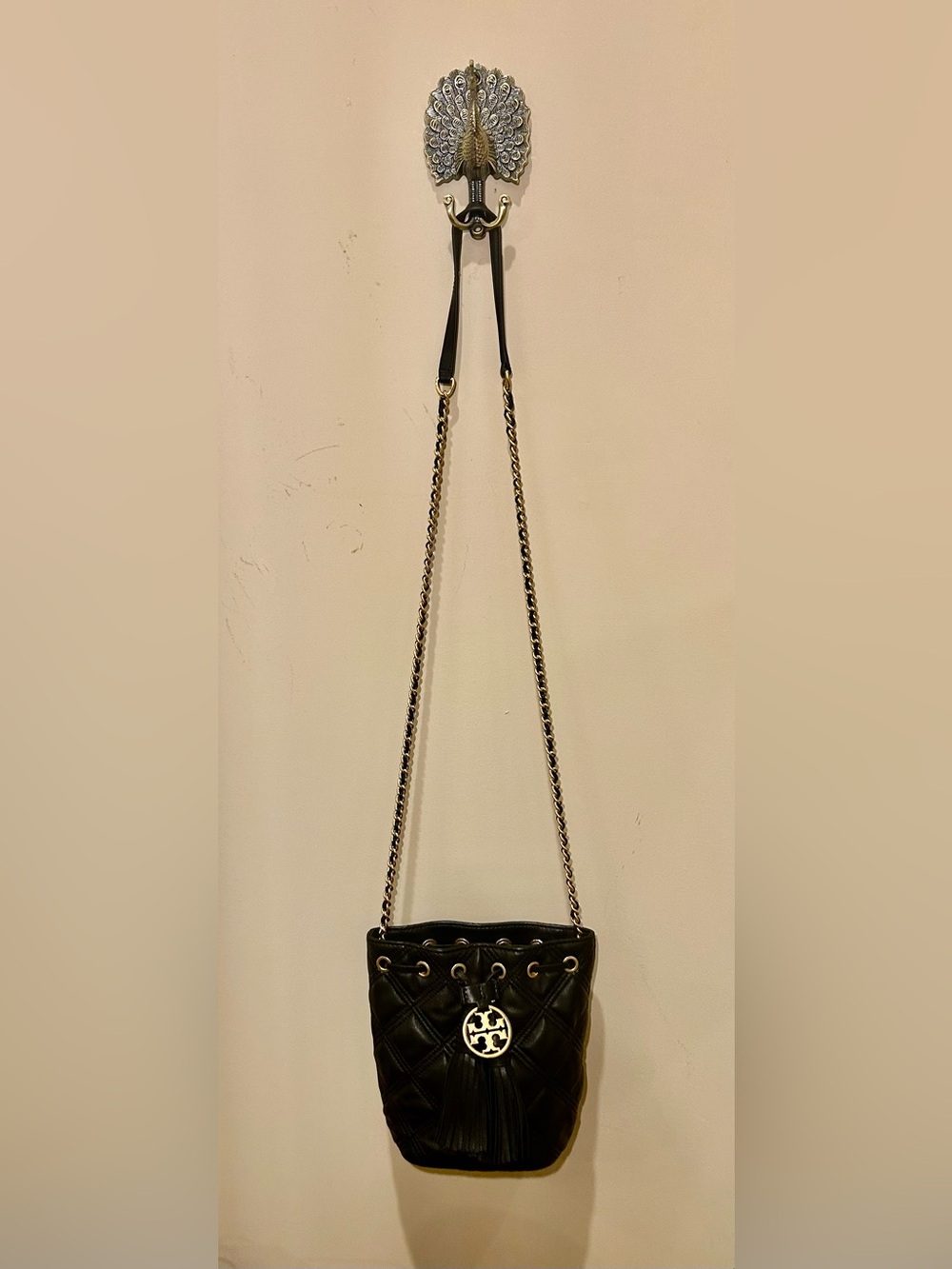 Tory Burch Flemming Mini Black Quilted Leather Bucket Bag with Tassels - Picture 11 of 14